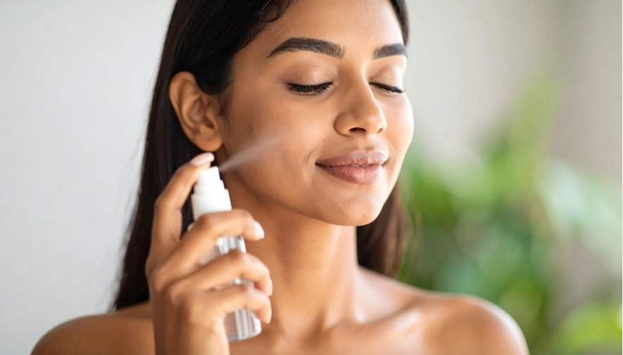 Una mujer de piel morena y cabello oscuro se aplica un spray facial transparente con ácido hipocloroso