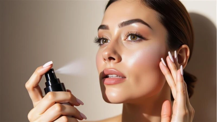 Primer plano de una mujer con piel radiante y maquillaje ligero, que aplica un spray con ácido hipocloroso