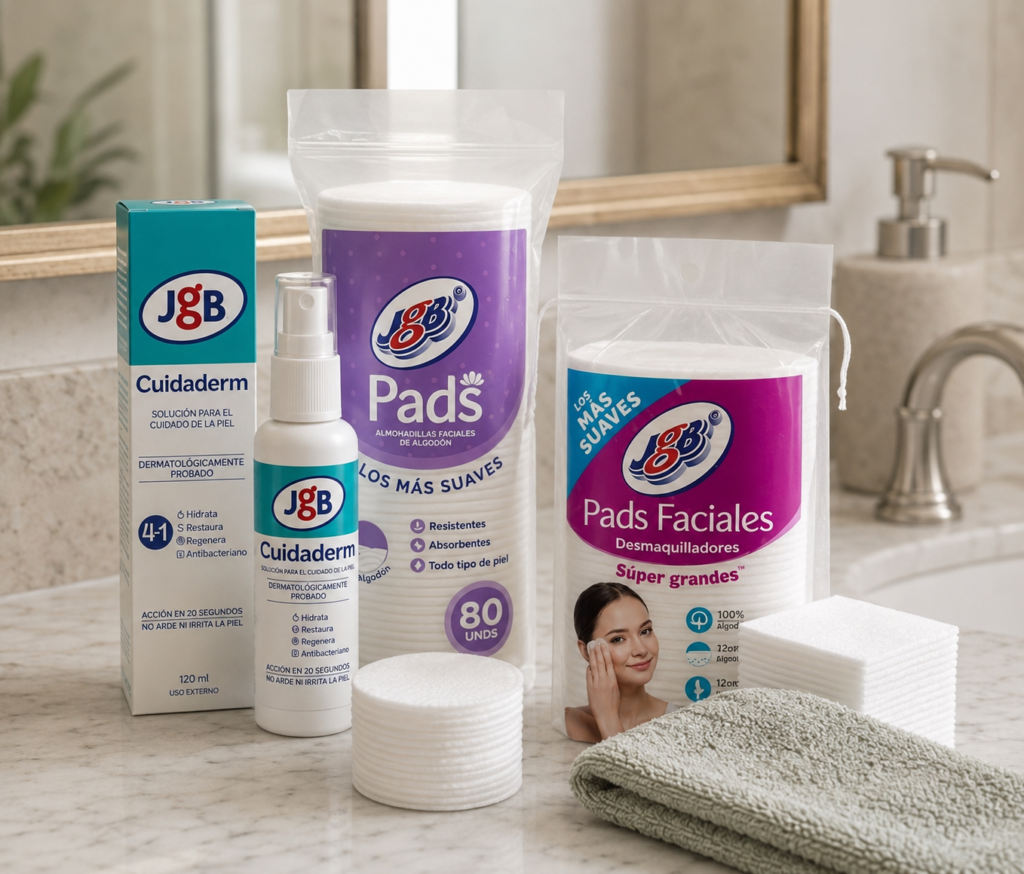 Pads Faciales JGB de algodón junto a Cuidaderm en spray para la rutina de limpieza facial.