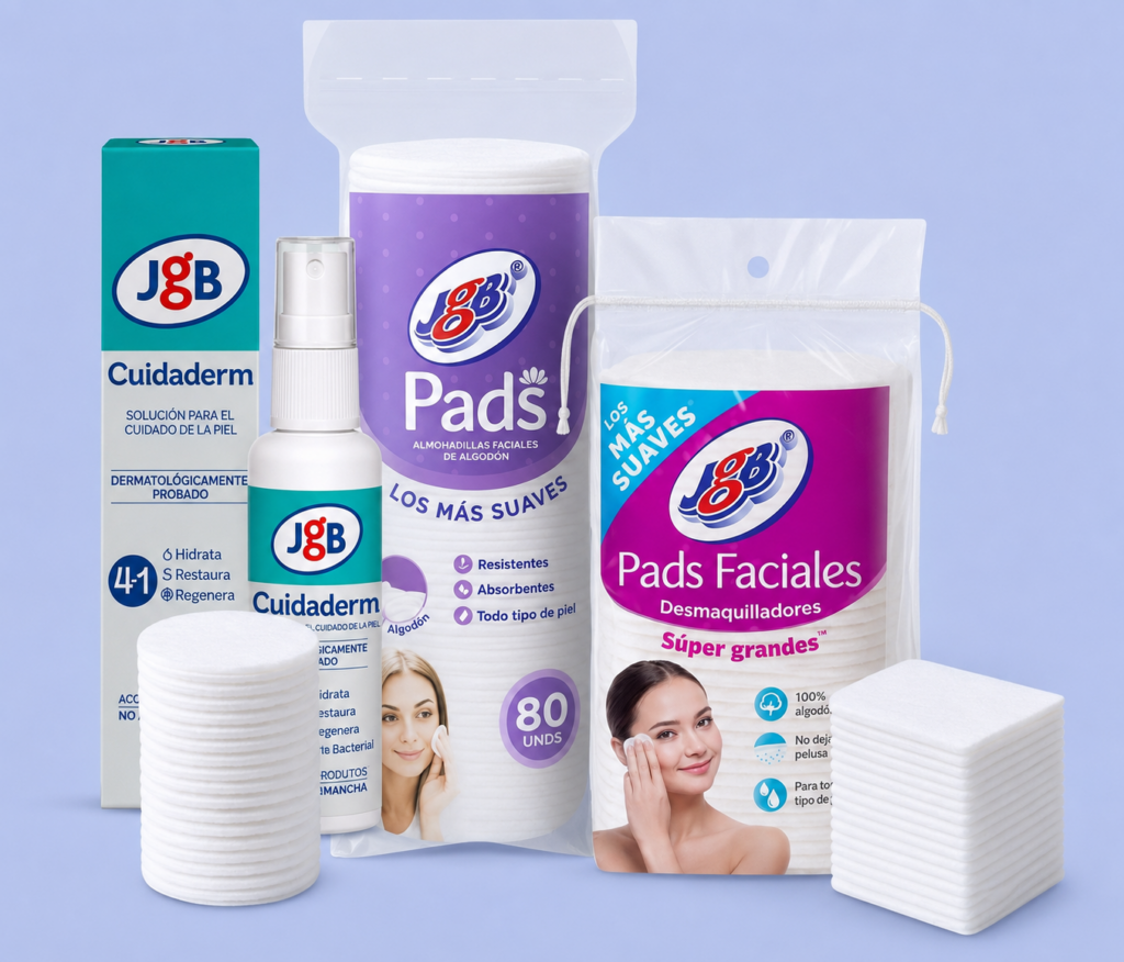 Pads Faciales JGB y Cuidaderm listos para la rutina de limpieza facial.