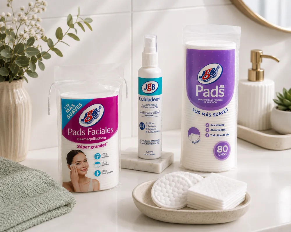 Productos Cuida Tu Piel JGB, spray Cuidaderm y Pads Faciales, para complementar la limpieza facial.