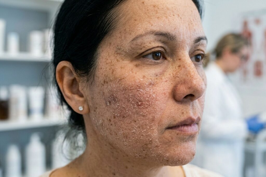 Primer plano de piel reseca y escamosa en el rostro antes de aplicar tratamiento.
